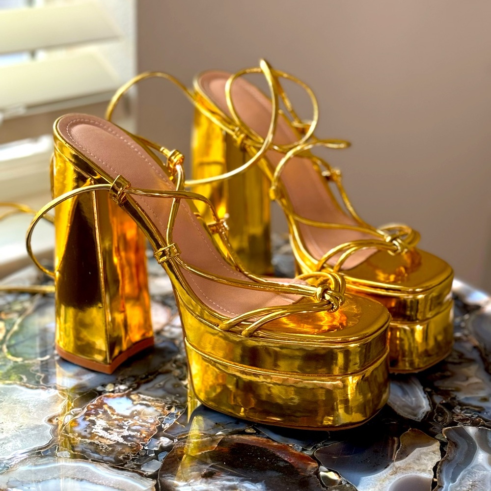 Gold Platform Lace Up Strappy Heels Size 9 (EU 39)
